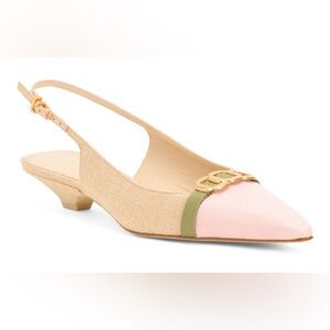 LARROUDÉ Franca Slingback Pumps – Beige Raffia w/ Pink Toe